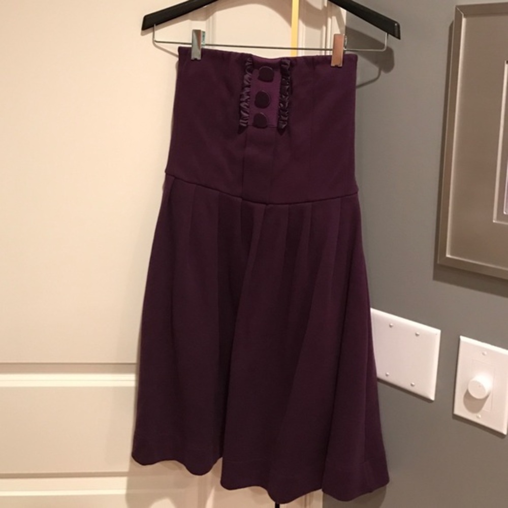Hazel Strapless Lined Mini Dress Pockets Ruffle Back Zip Eggplant Plum Size M